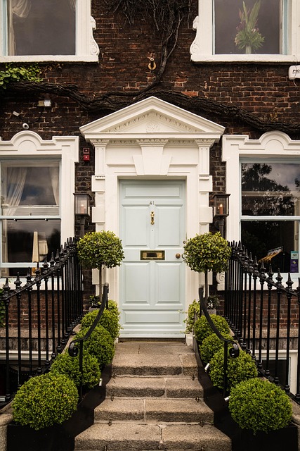 Porta de entrada com plantas e luz natural.