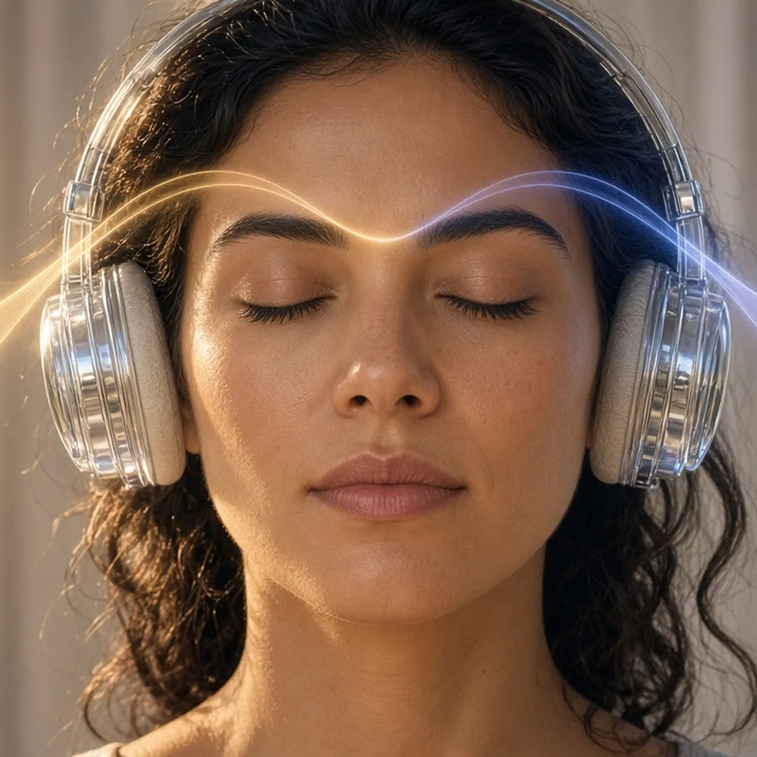 Batimento binaural — experiência de escuta com fones Pessoa com fones durante experiência de escuta binaural
