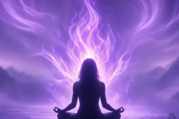Pessoa em meditação em silhueta, com aura e chama violeta radiante ao fundo em paisagem serena