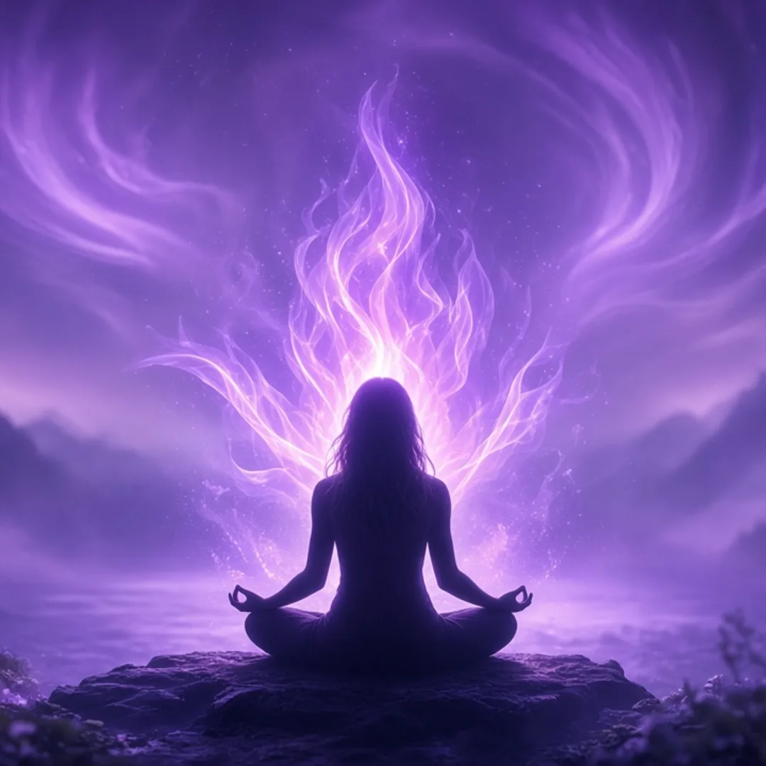Pessoa em meditação em silhueta, com aura e chama violeta radiante ao fundo em paisagem serena