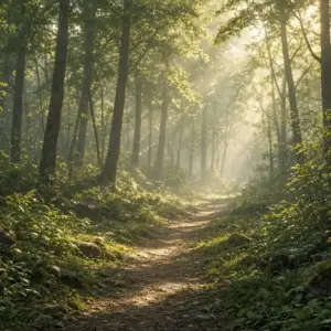 Caminho iluminado em clareira na floresta