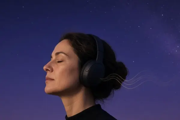 Pessoa com fones em experiência de escuta sob céu estrelado