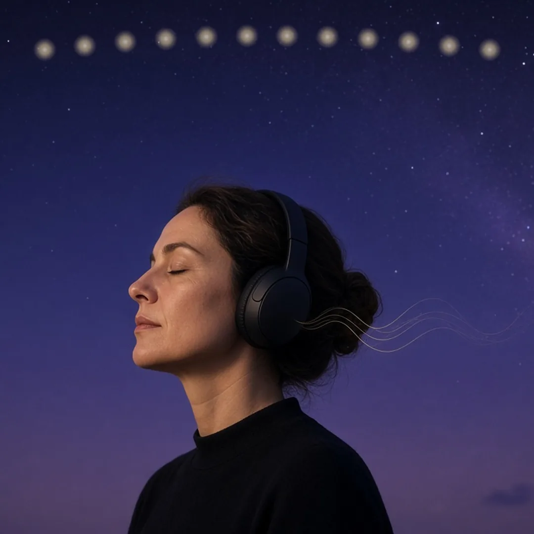 Pessoa com fones em experiência de escuta sob céu estrelado