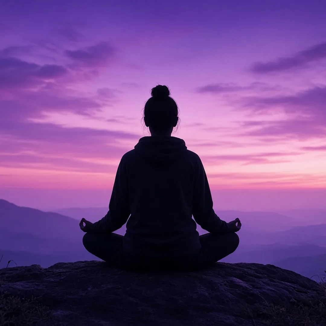 Pessoa meditando sob luz violeta serena