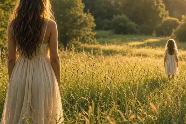 Mulher de costas contemplando uma criança em um campo iluminado pelo sol dourado