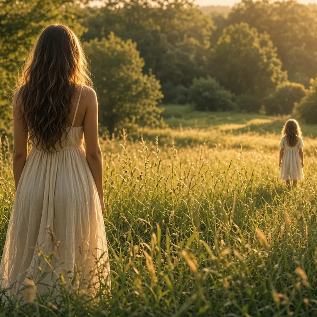 Mulher de costas contemplando uma criança em um campo iluminado pelo sol dourado