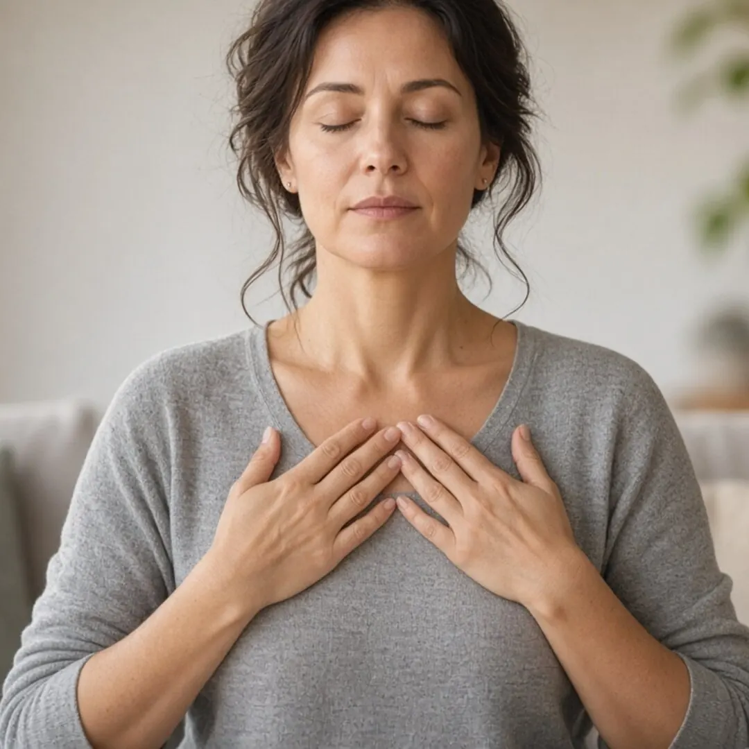 Pessoa em autoaplicação de Reiki com as mãos sobre o peito