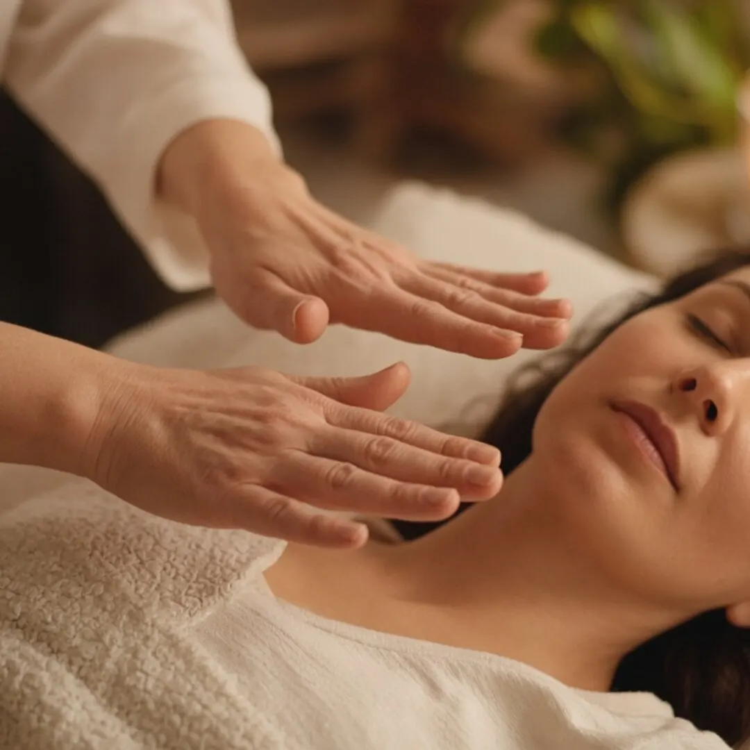 Praticante de Reiki com as mãos próximas ao peito do receptor