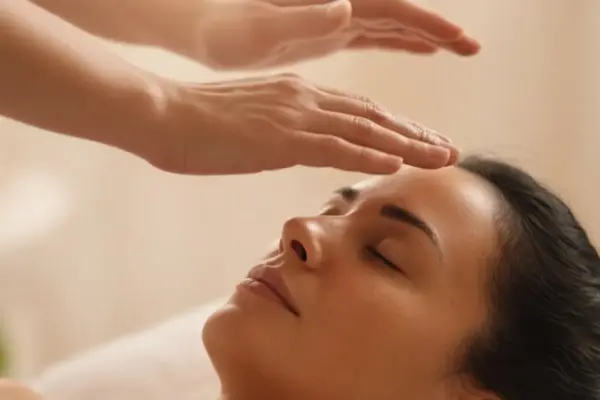 Mãos de reikiano sobre a cabeça de uma pessoa em aplicação de Reiki