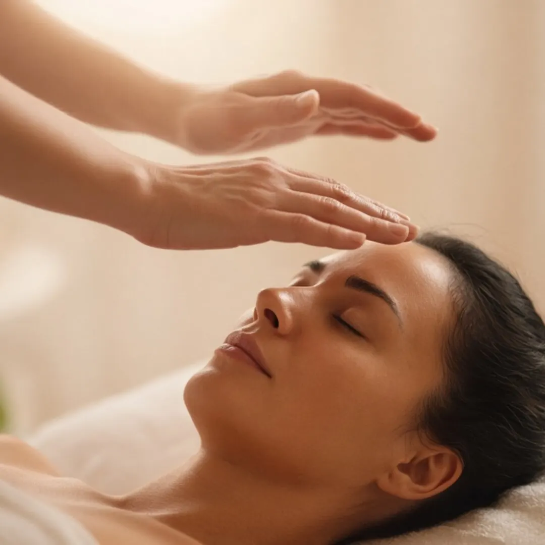 Mãos de reikiano sobre a cabeça de uma pessoa em aplicação de Reiki